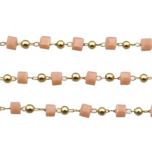 copper chain with peach crystal glass cube beads, gold plated, approx 2.5mm