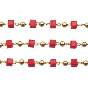 copper chain with red crystal glass cube beads, gold plated, approx 2.5mm