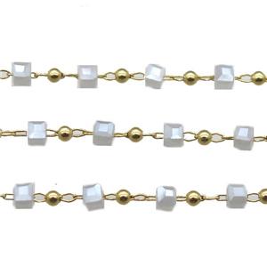 copper chain with crystal glass cube beads, gold plated, approx 2.5mm