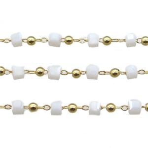 copper chain with white crystal glass cube beads, gold plated, approx 2.5mm