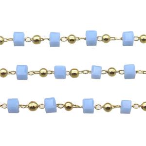 copper chain with blue crystal glass cube beads, gold plated, approx 2.5mm