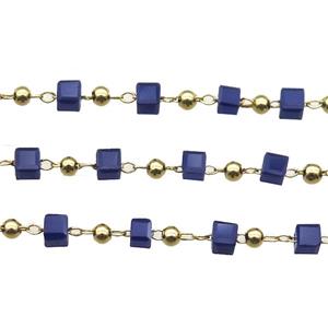 copper chain with blue crystal glass cube beads, gold plated, approx 2.5mm