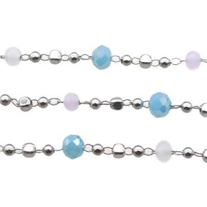 copper chain with crystal glass bead, faceted rondelle, platinum, approx 2.5mm, 4mm dia