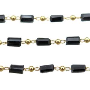 copper chain with black crystal glass beads, tube, gold plated, approx 2.5x5mm