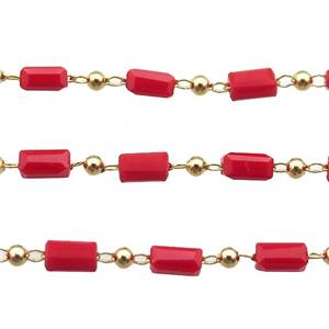 copper chain with red crystal glass beads, tube, gold plated, approx 2.5x5mm