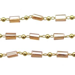 copper chain with champagne crystal glass beads, tube, gold plated, approx 2.5x5mm