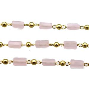 copper chain with pink crystal glass beads, tube, gold plated, approx 2.5x5mm
