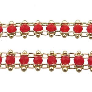 copper chain with red crystal glass beads, tube, gold plated, approx 3mm, 6mm wide
