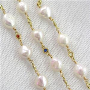 white Pearl chain with zircon, gold plated, approx 9-10mm