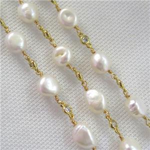 white Pearl chain with zircon, gold plated, approx 9-10mm