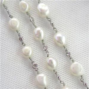 white Pearl chain with zircon, platinum plated, approx 9-10mm