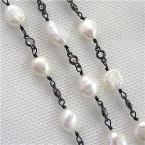 white Pearl chain with zircon, black plated, approx 9-10mm