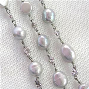 gray Pearl chain with zircon, platinum plated, approx 9-10mm