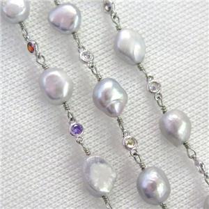 gray Pearl chain with zircon, platinum plated, approx 9-10mm