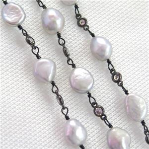 gray Pearl chain with zircon, black plated, approx 9-10mm