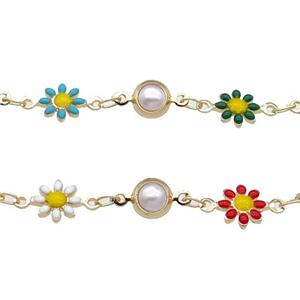 Copper Chain With Enamel Daisy Gold Plated, approx 7.5mm, 6mm