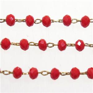brass chain with ruby Chinese Crystal Glass rondelle beads, approx 2x3mm bead
