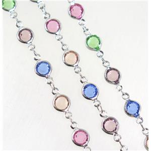 Copper Chain Pave Crystal Glass Multicolor Circle Platinum Plated, approx 7mm dia