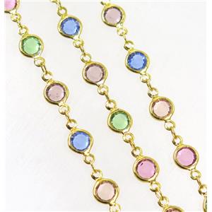 Copper Chain Pave Crystal Glass Multicolor Circle Gold Plated, approx 7mm dia