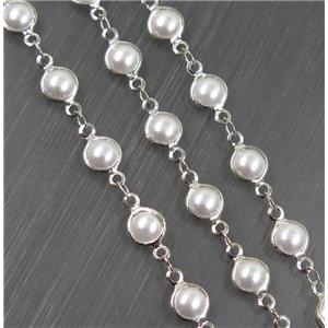 Copper Chain With White Pearlized Glass Platinum Plated, approx 7mm dia