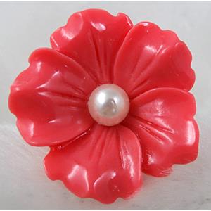 Ring with compositive Coral Flower, hot pink, flower:30mm dia, ring:17mm