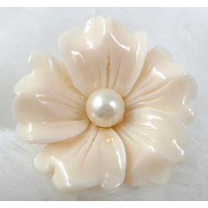 Compositive Coral Flower, Ring, White, flower:30mm dia, ring:17mm