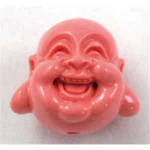 Compositive coral bead, smile buddha, pink, 22mm dia, 16pcs per st