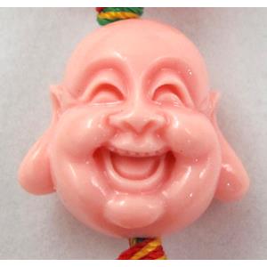 Compositive coral bead, smile buddha, pink, 22mm dia, 16pcs per st