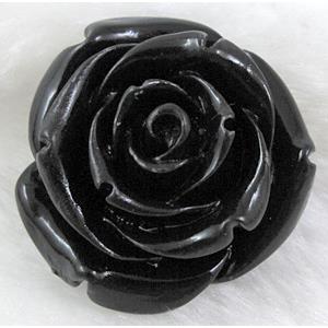 Compositive coral rose bead, black, half hole, 12mm dia