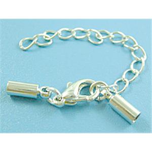 Crimp End with Clasp, Copper, Silver Plated, 3.5x9mm, inside:2.5mm, chain:5cm