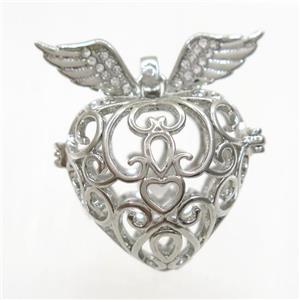 copper locket pendant, angel wing, platinum plated, approx 23-25mm