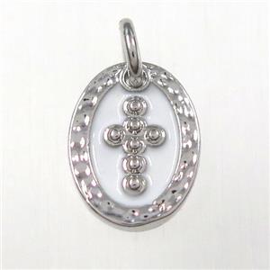 copper oval cross pendants, enamel, platinum plated, approx 9-12mm
