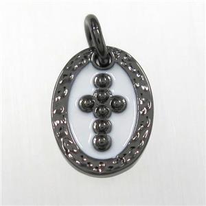 copper oval cross pendants, enamel, black plated, approx 9-12mm
