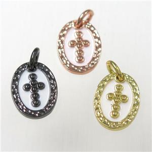 copper oval cross pendants, enamel, mixed color, approx 9-12mm
