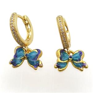 copper hoop earring paved zircon with enameling butterfly, gold plated, approx 10-14mm, 14mm dia