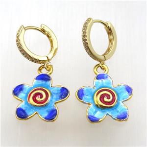 copper hoop earring paved zircon with enameling flower, gold plated, approx 19mm dia, 14mm dia