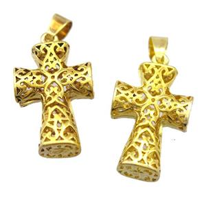 copper cross pendant, hollow, gold plated, unfade, approx 15-22mm