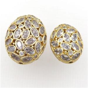 copper oval beads pave zircon, hollow, gold plated, approx 20-25mm