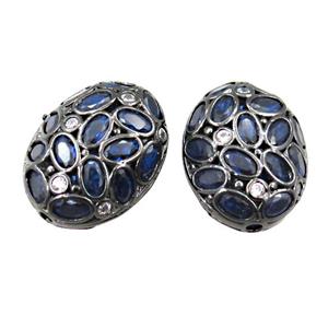 copper oval beads pave blue zircon, hollow, black plated, approx 17-22mm