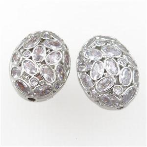 copper oval beads pave zircon, platinum plated, approx 17-22mm