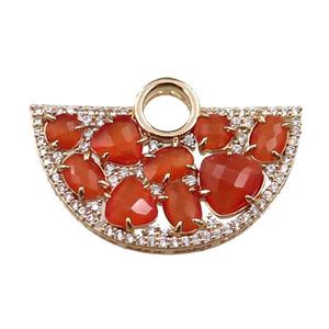 copper fan hollow pendant paved zircon with orange crystal glass, gold plated, approx 20-35mm