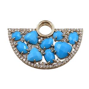 copper fan hollow pendant paved zircon with blue crystal glass, gold plated, approx 20-35mm