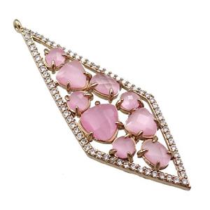 copper polygon pendant paved zircon with pink crystal glass, hollow, gold plated, approx 19-54mm