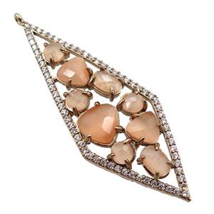 copper polygon pendant paved zircon with peach crystal glass, hollow, gold plated, approx 19-54mm