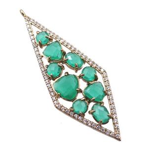 copper polygon pendant paved zircon with green crystal glass, hollow, gold plated, approx 19-54mm