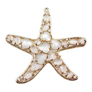 copper starfish pendant paved zircon with white crystal glass, hollow, gold plated, approx 50mm