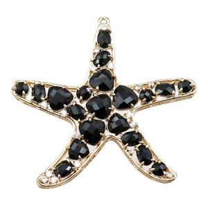copper starfish pendant paved zircon with black crystal glass, hollow, gold plated, approx 50mm