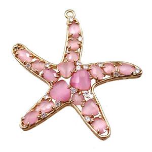 copper starfish pendant paved zircon with pink crystal glass, hollow, gold plated, approx 50mm