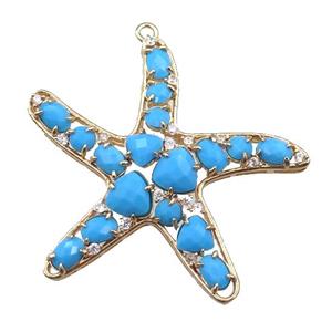 copper starfish pendant paved zircon with blue crystal glass, hollow, gold plated, approx 50mm