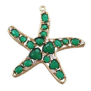 copper starfish pendant paved zircon with green crystal glass, hollow, gold plated, approx 50mm